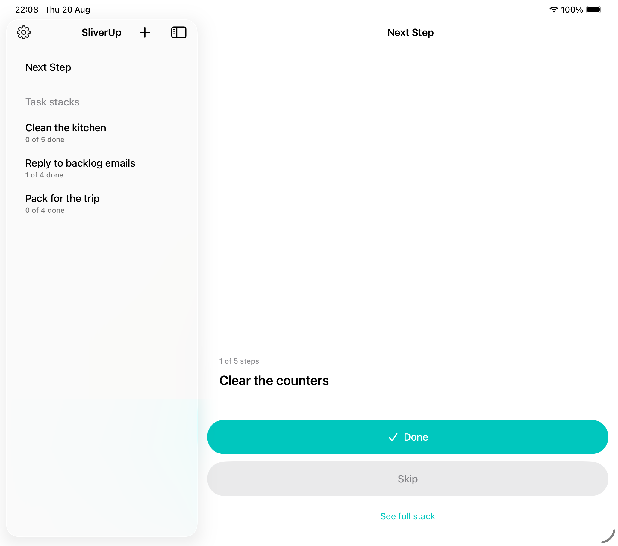 SliverUp on iPad showing stack sections in a sidebar and the selected next step in the detail pane
